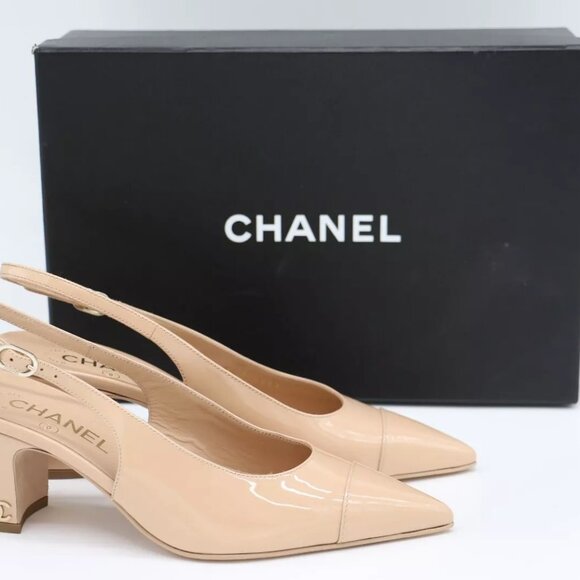 CHANEL Patent Calfskin Cap Toe CC Slingback Pumps EU 38 US 8 - Picture 1 of 16